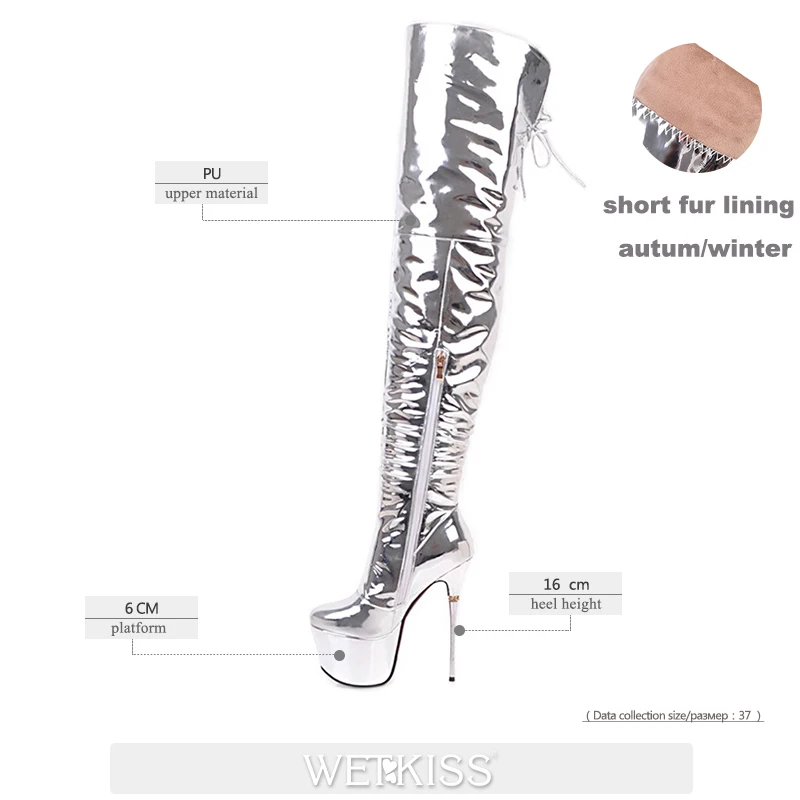 WETKISS/ г., модные женские ботфорты из лакированной кожи серебристого цвета на толстой платформе, обувь на высоком каблуке-шпильке, зимняя обувь