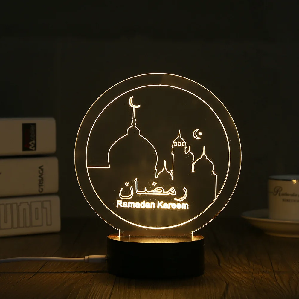 Eid Mubarak Acrylic Light Wooden Base,Muslim Decor 3D Night Light, LED
