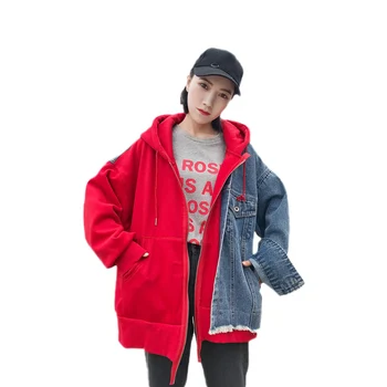 

Spring Women Denim Jacket Fashion Splice BF style Fake two piece Hooded Casual Outerwear Large size Female Denim Coat DITING0158