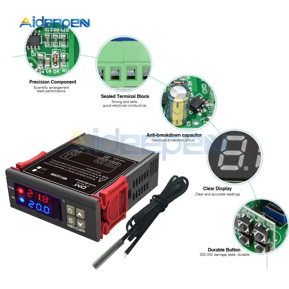 

MH1220W AC 110V-220V 10A Digital Thermostat Temperature Controller Regulator Heating Cooling Control Dual LED Display NTC Sensor