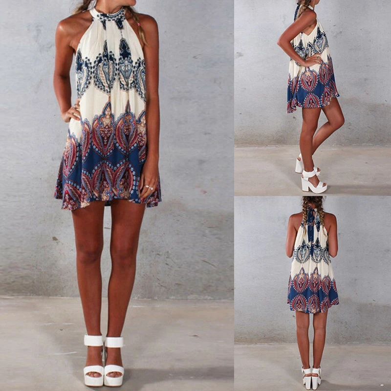 Casual Loose Holiday Beach Party Dress Woman Halter Sleeveless Short Dresses Ladies Summer Floral Printed Dress Mini Vestidos