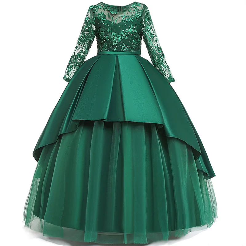 Детское платье новые сетчатые и вышивкой, платье для принцессы, юбка с длинным рукавом для девочек, торжественное платье длинное платье От 4 до 14 лет - Цвет: green