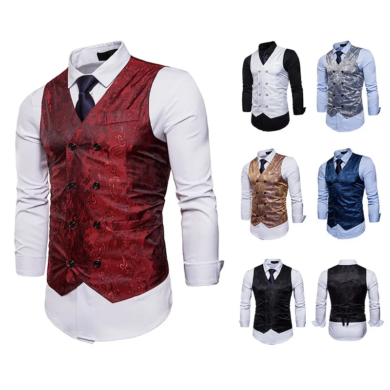 

Men Double Breasted Dress Vests Chaleco Sleeveless Gilet Slim Printed Sleeveless Waistcoat Men Suit Hombre For Party Wedding