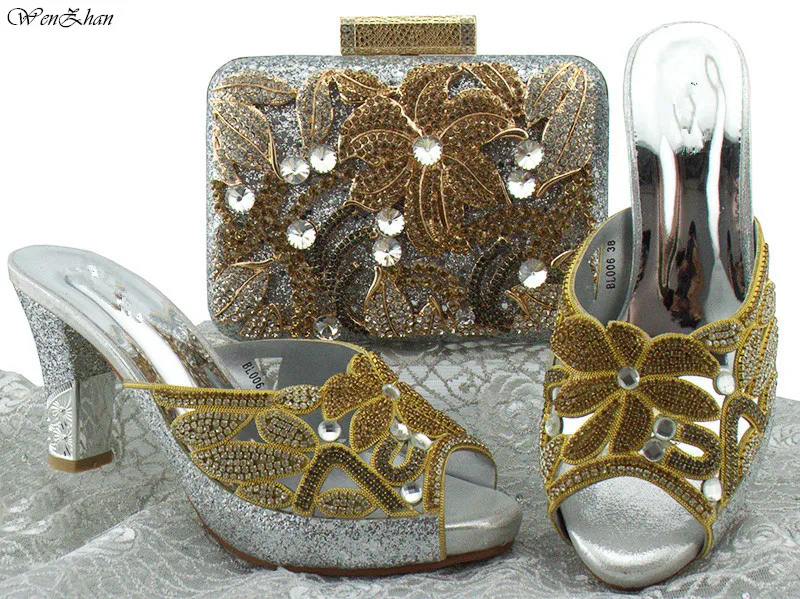 

Latest Party High Heel Shoes And Bag Sets Flower Rhinestone Italian Style Sliver Color Top Quality Shoes And Bags Set 8cm B85-15