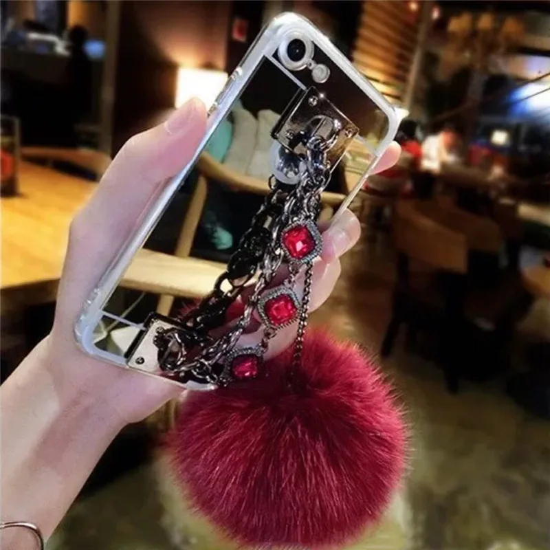 

LaMaDiaa Luxury Metal Mirror Fur Ball Pendant Back Cover For Huawei Honor 8 9 10 lite 7X V20 Mate 20 10 P30 P20 Pro Phone Case