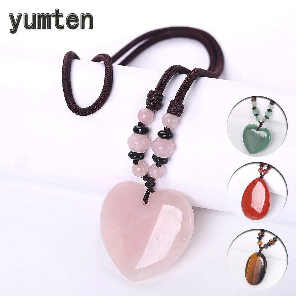

Yumten Rose Quartz Necklace Women Long Sweater Chain Love Heart Pendant Couple Jewelry Femme Accessories Natural Crystal Bead