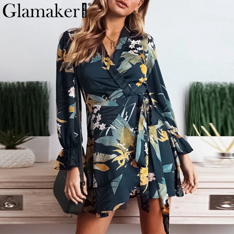 

Glamaker Floral print ruffle short mini dress Women spring bodycon long sleeve female boho dress Elegant sexy party beach dress