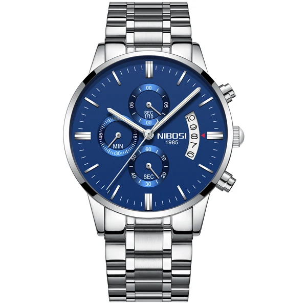 NIBOSI золотые кварцевые часы лучший бренд роскошных Для мужчин часы моды человек Наручные часы Нержавеющая сталь Relogio Masculino Saatler - Цвет: Silver Blue Steel