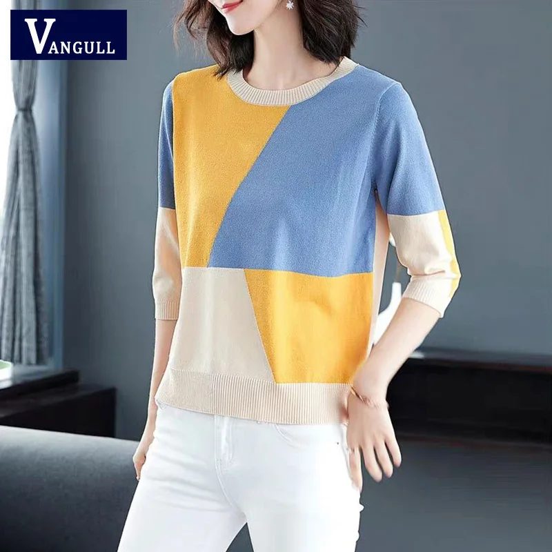 

Vangull Contrast Color Women Sweater Spring Casual Half Sleeve Pullovers Female O-Neck Thin Soft Knitted Women Jumper Sweater