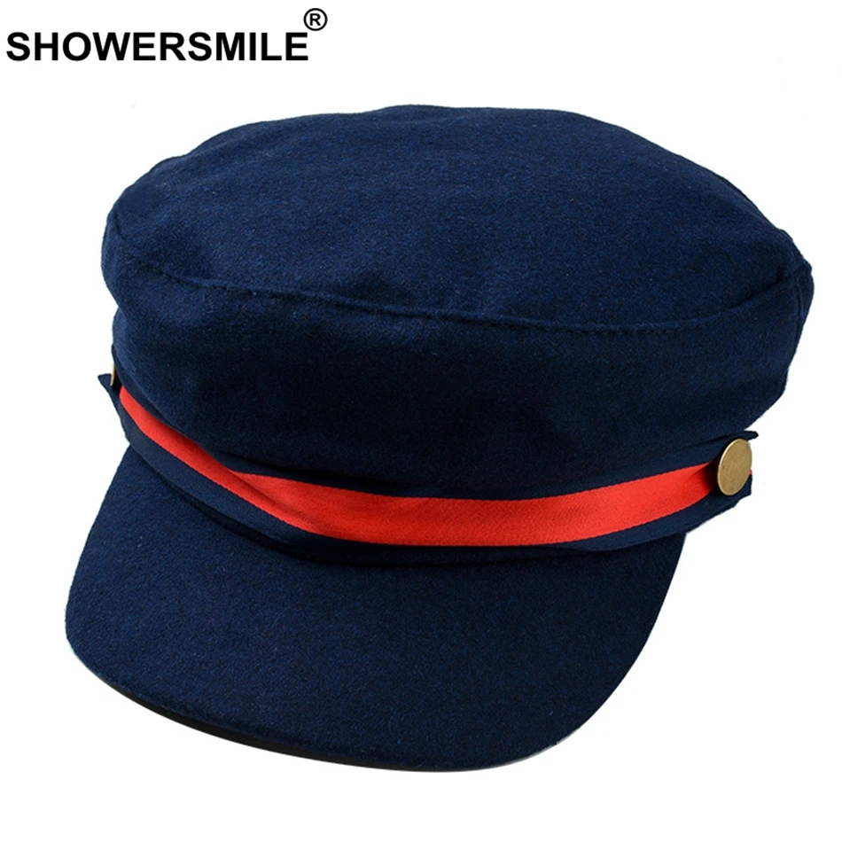 SHOWERSMILE, темно-синяя шляпа, военная Женская шерстяная Кепка с плоским верхом, регулируемая Женская кепка, винтажная Женская кепка на весну и осень, армейская Кепка