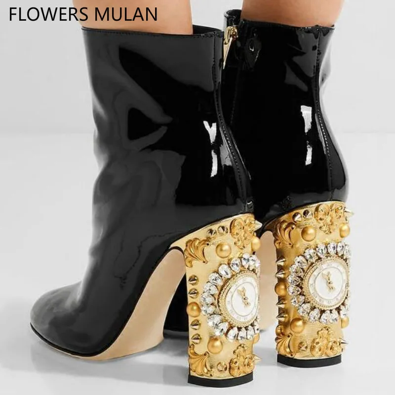 

Fashion New Design Ankle Boots For Women Pointed Toe Patent Leather Martin Boots Shoes Gold Bling Diamond Crystal Clock Heel