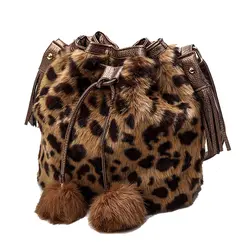 Для женщин искусственного кролика Мех животных сумка леопардовой расцветки для девочек зима плеча крест цепи ведро сумка мягкая леди