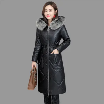 

Winter Leather Down Jacket Women Long Fox Fur Collar parkas 2018 New Korean Jacket Coats Hooded Ladies Sheep Skin Outerwear N564