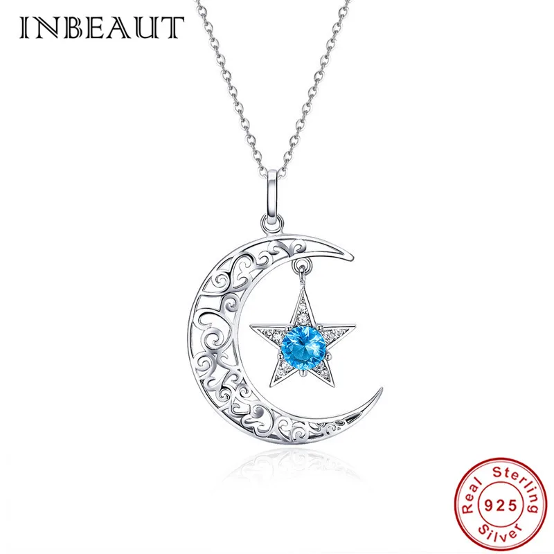 

INBEAUT Women Star Pendant Necklaces 925 Sterling Silver Round Light Blue Zircon Stone Moon Beads Necklace for Princess Wedding