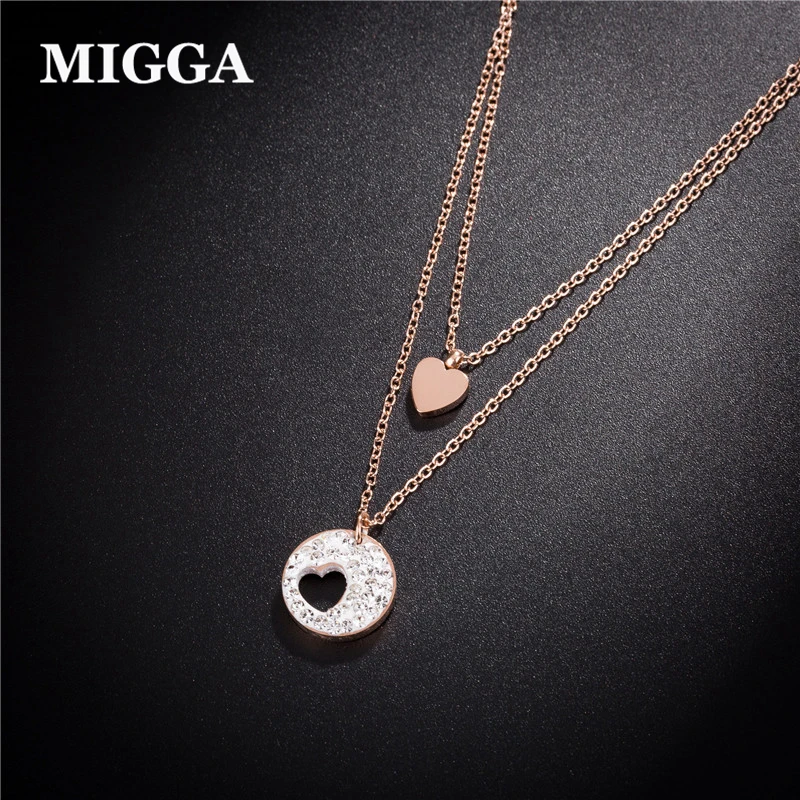 

MIGGA Rose Gold Color Stainless Steel Necklace Jewelry Double Layers Crystal Round Pendant Heart Necklace