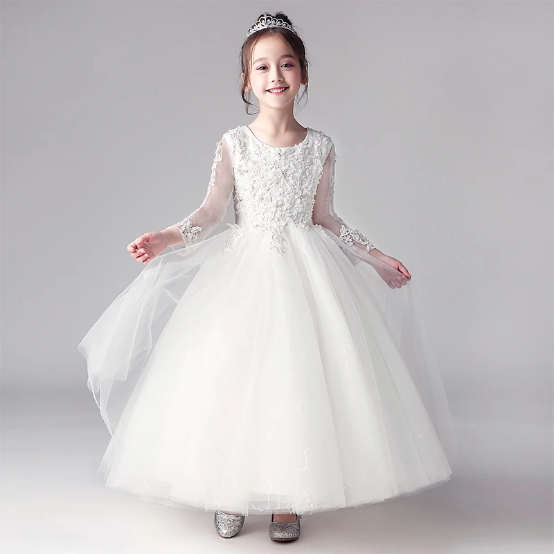 Elegant White Tulle Sequin Flower Girl Dress For Wedding Long Sleeve