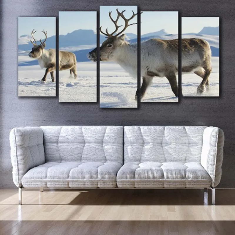 

Canvas Painting Home Decor Framework 5 Pieces Deer Is In The Snow For Living Room Modular HD Printed Landscape Pictures Wall Art