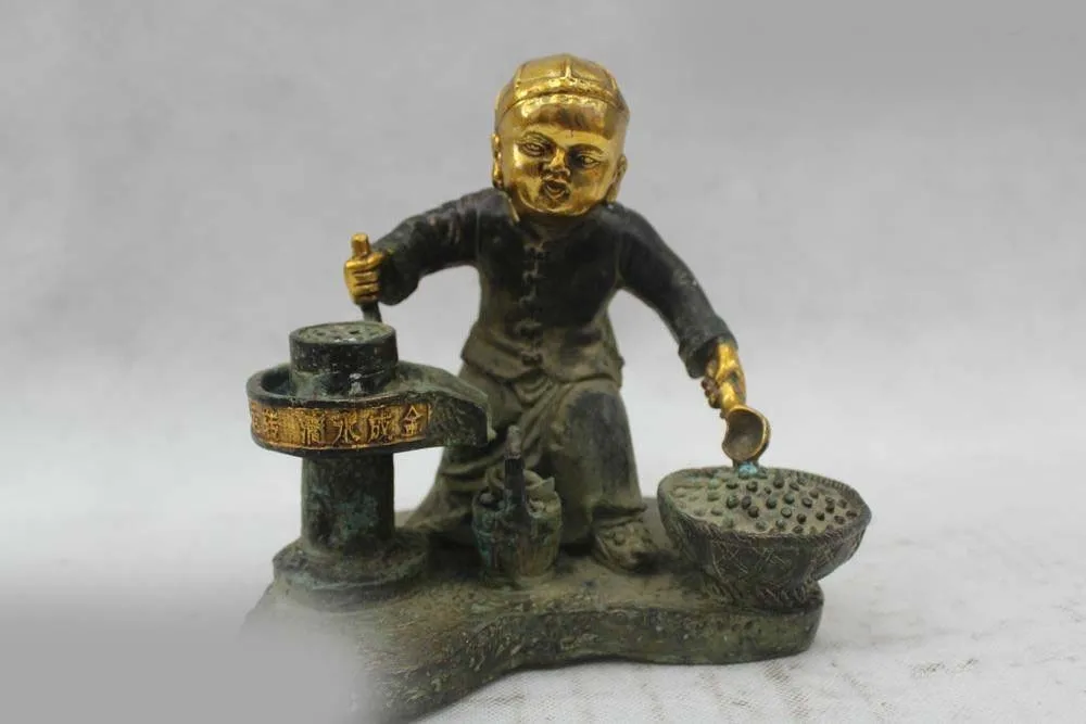 

7"Chinese Folk Bronze Lucky excellent Money drawing Boy Grinding Tofu Statue
