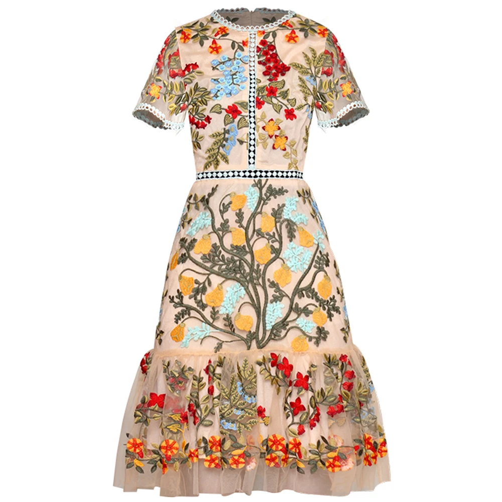 

Red RoosaRosee Gorgeous Short Sleeve Heavy Embroidery Retro Slim Dress Women Summer 2019 Elegant Party Mini Vestidos Robe Femme