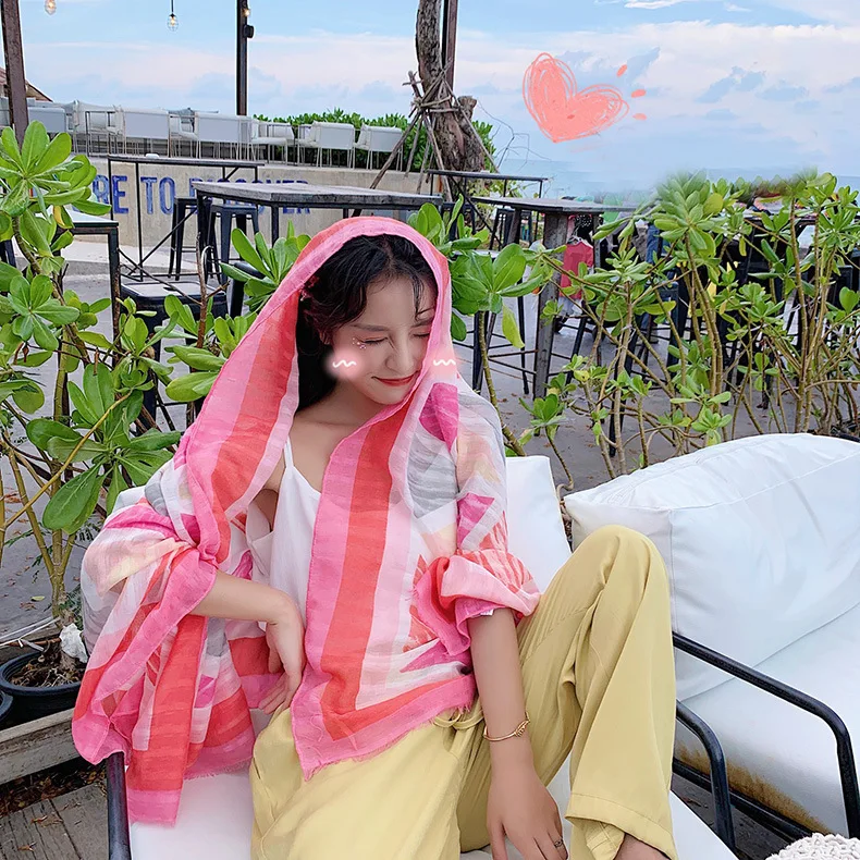 

1 Piece Fashion Elegant Pink Pattern 180x90cm Women Sunscreen Cotton Linen Beach Scarf Silk Shawl wraps bandana beach hijab