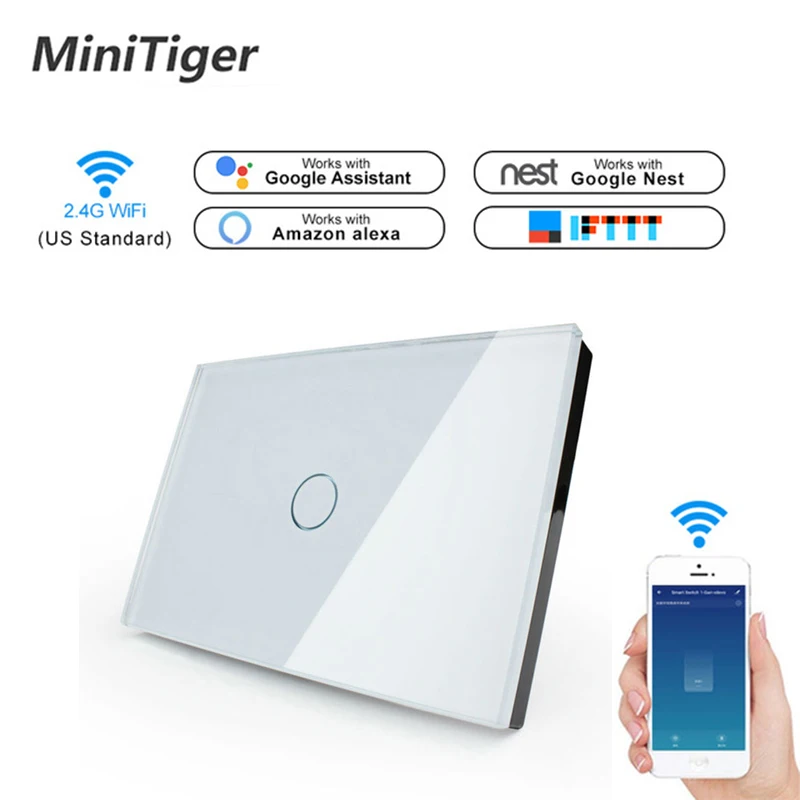 

Minitiger US Standard WIFI Smart Touch Switch APP Wireless Remote Light Wall Touch Switch Crystal Glass Panel With Alexa/Google