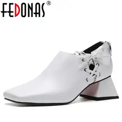 Женские туфли из натуральной кожи FEDONAS, белые клубные туфли-лодочки с квадратным носком на высоких каблуках и молнии, клубная обувь для