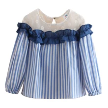 Sardiff Brand 2018 Kids Stripe Shirt With Lace Ruffle Long Sleeve Shirts For Girls Spring Autumn Clothing Contrast Ruffle Front