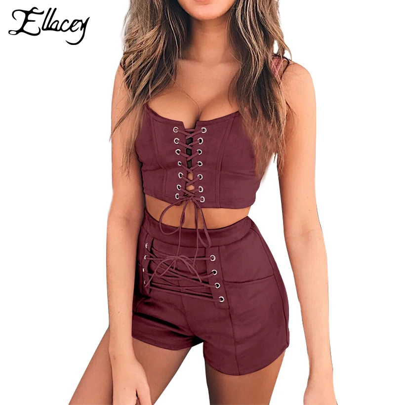 Ellacey Nuovo 2017 Pelle Scamosciata 2 Pezzo Set Donne Senza Maniche Crop  Top e Pantaloncini Vestito Lace up Cavo Intrecciato Top Tuta A Due Pezzi  Outfit|shorts suit|two piece set womenpiece set women -