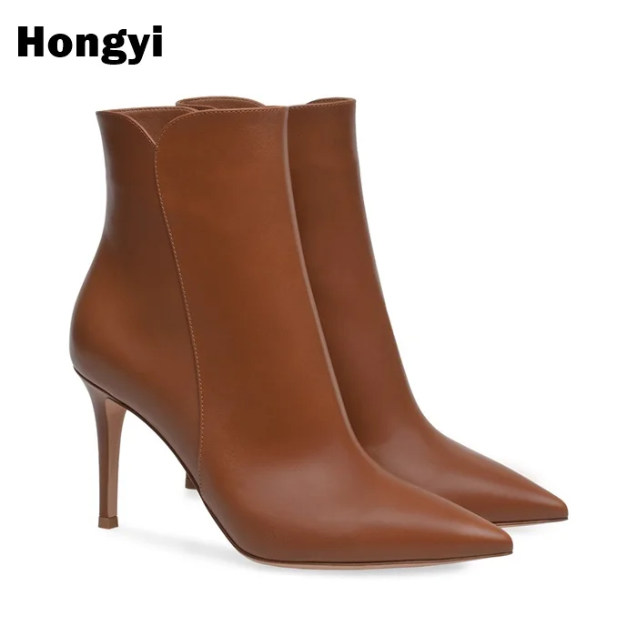 

Real Leather Ladies Pointed Toe Short Boots Elastic Boots Thin High Heel Hollow Out Women Boots Pumps Autumn Booty