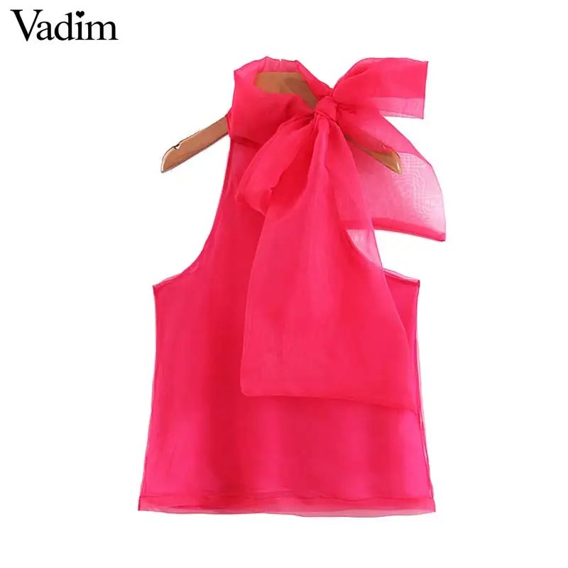 

Vadim women bow tie decorate Organza tops sleeveless female casual blouse summer stylish chic solid shirts blusas mujer WA359