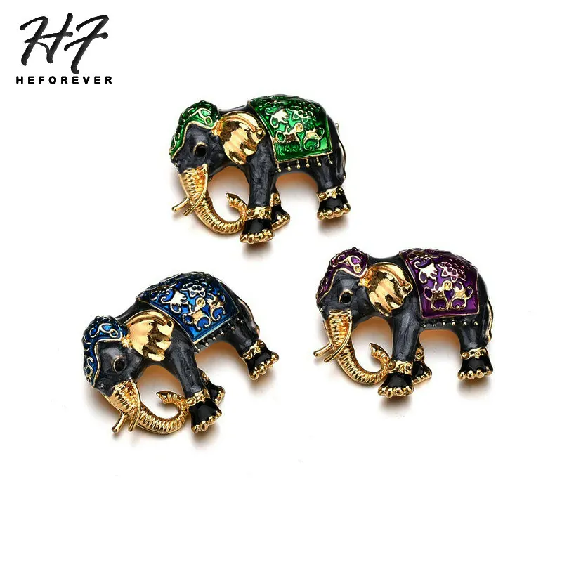 Small Antique gold Indian Elephant Brooch Gemstone /& Diamante Vintage style pin