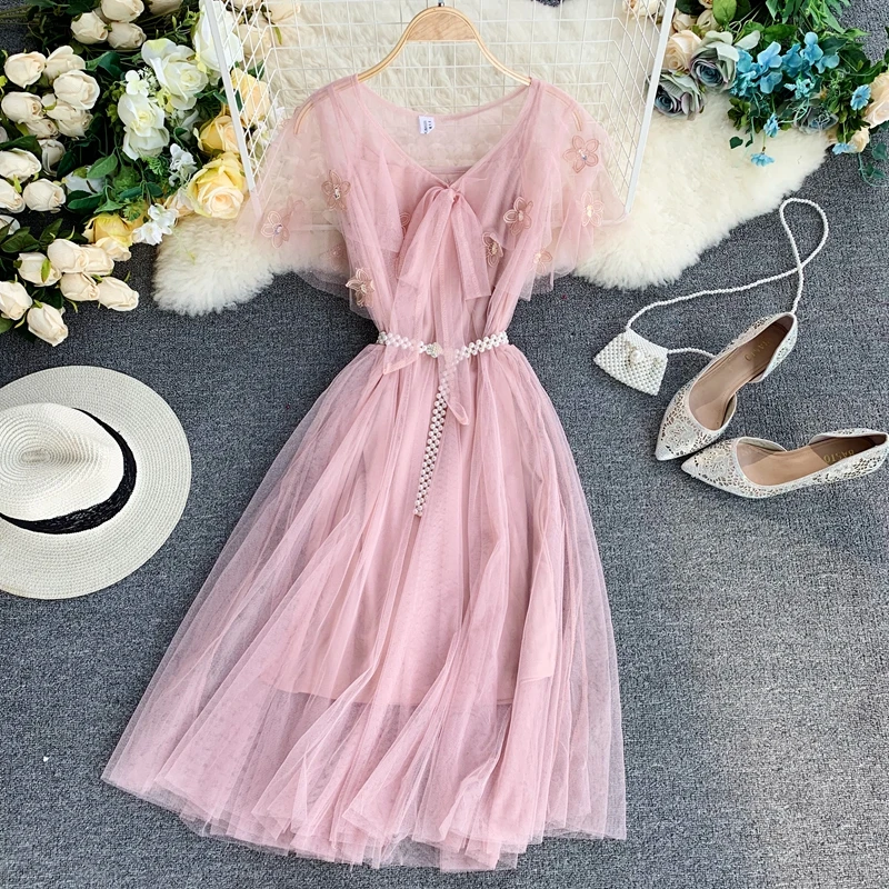 

Women V-neck Butterfly Sleeve Bandage Strap Pearl Bead Belt Mesh Gauze Flower Pleated Dress Elastic Slim Tulle Party Midi Dress
