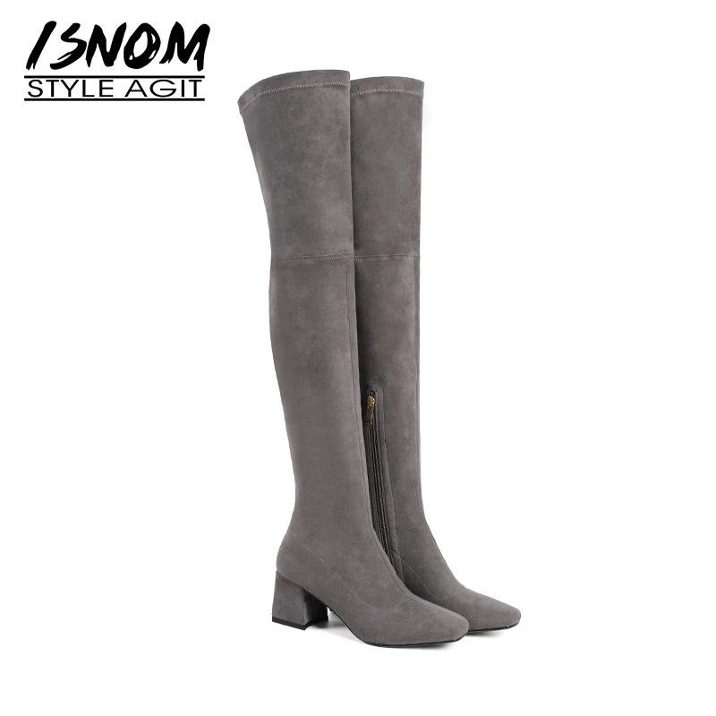 

ISNOM Winter High Heels Women Stretch Boots Square Toe Cross Tied Footwear Over The Knee Female Boot Flock Shoes Woman 2018 New