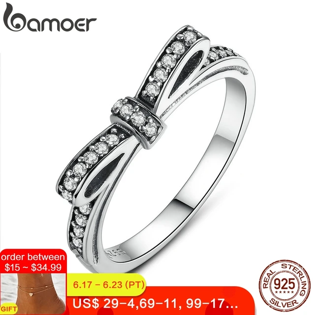 BAMOER HOT 925 Sterling Silver Sparkling Bow Knot Stackable Ring Micro Pave CZ for Women Valentine's Day Gift Jewelry PA7104
