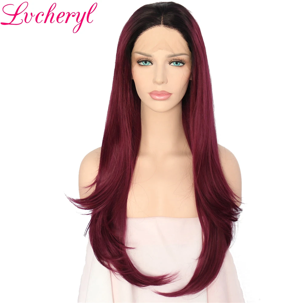 Us 36 0 40 Off Lvcheryl Black To Wine Red Ombre Long Straight High Temperature Fiber Heat Resistant Natural Synthetic Lace Front Women Wigs In