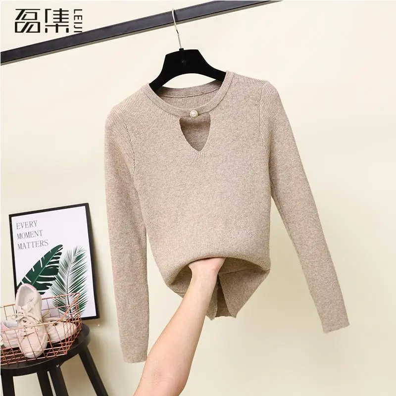 

Sweater Women Plus Size O-neck Knitted Button Long Sleeve Basic Autumn Winter Femme Elasticity Pullovers