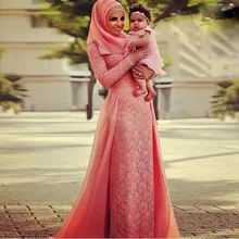 2016 Muslim Evening Dresses Sheath High Collar Fuchsia Lace Scarf Islamic Dubai Abaya Kaftan Long Evening Gown Prom Dress