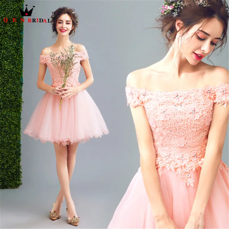 

QUEEN BRIDAL Evening Dresses Short Pink Tulle Lace Elegant Women Prom Party Dress Evening Gown 2018 NEW Vestido De Festa JW33