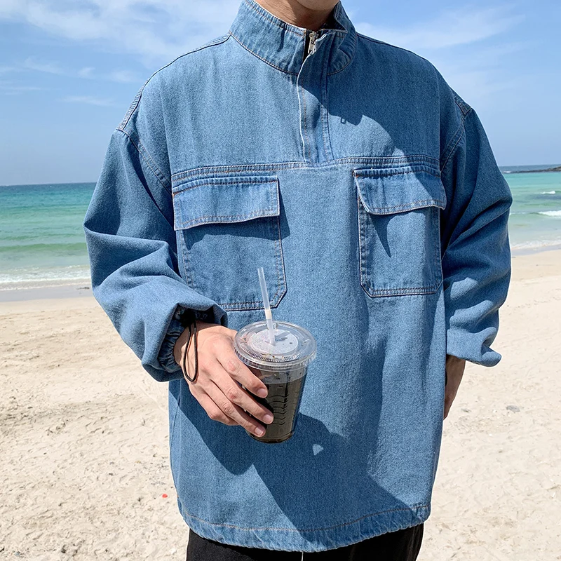 

Autumn New Pullover Denim Jacket Men Fashion Wash Solid Color Stand Collar Denim Jacket Streetwear Hip Hop Loose Bomber Jacket