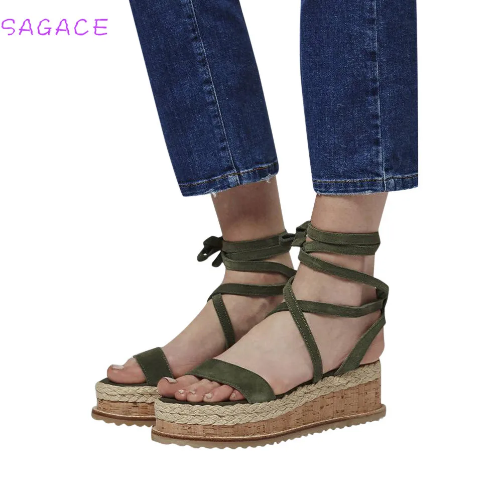 

SAGACE 2018 Women Sandals Hot design wedges sandals Rivets high heels sandals Straw shoes Casual platform shoes Roman Sandals