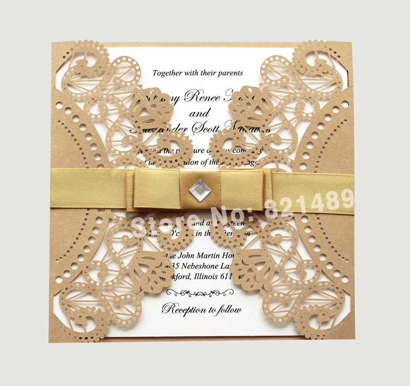  Golden and White Ribbon Wedding Invitation Cards; Royal Gold Laser Cut Wedding Invitation Cards - S - 32426416509