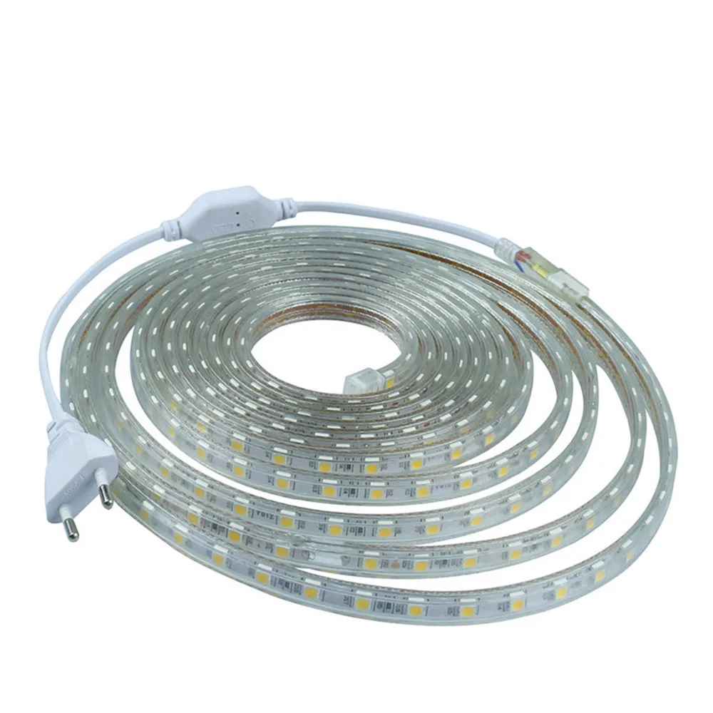 

5050 5M LED Strip Lights AC220V Flexible Tape Lamp Ribbon Waterproof tira led String +EU Power Plug Holiday Christmas Decoration