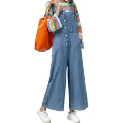 2017 New Autumn Loose Women Sleeveless Jumpsuits Wide Legs Denim Jumpsuits Romper Bodycon Lady Blue Jumpsuits long pant Jumpsuit