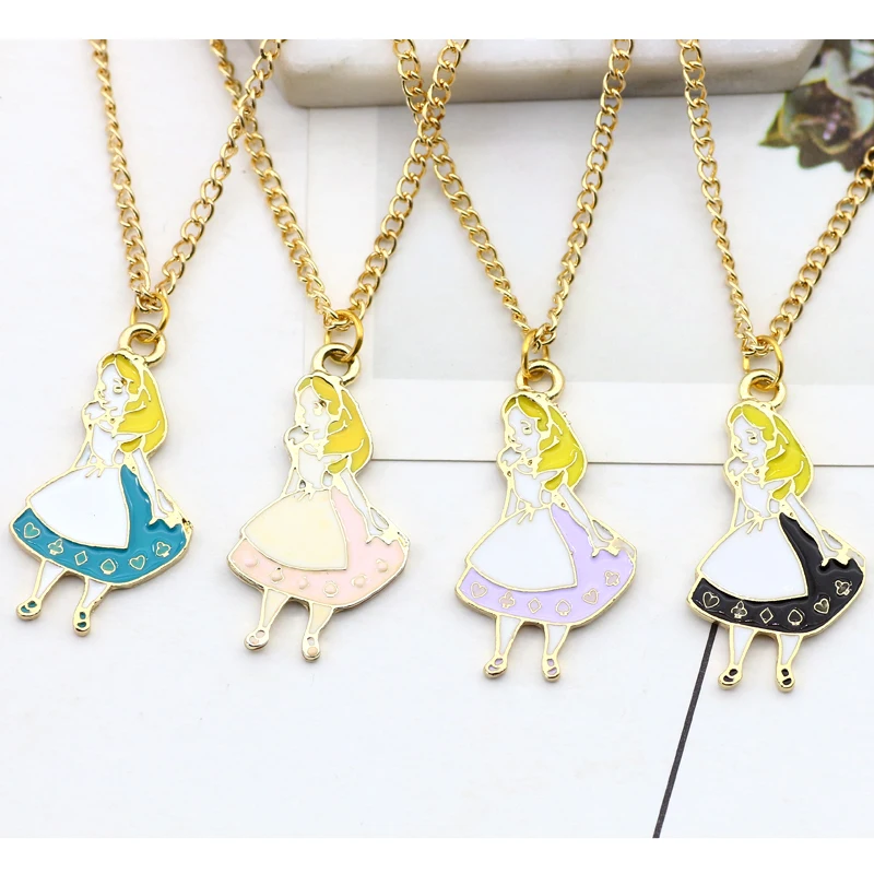 

New Fashion Alice Clock Charm Pendant Alice In Wonderland Jewelry Enamel Cartoon Girls Choker Necklaces For Women Drop Shipping