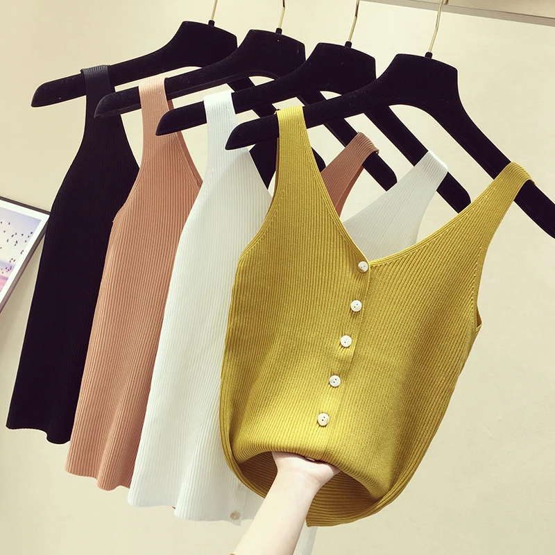 Fashion Button Knit Vest Women Top Camisole Female Solid Elastic knited Slim Sleeveless Tops Femme Summer Casual Camis New