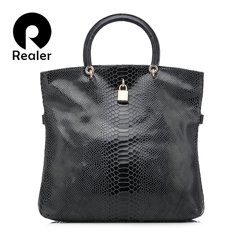 Женская ручная сумка из натуральной кожи с короткими ручками REALER|bags with|genuine leather