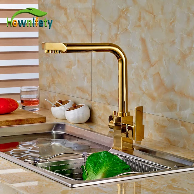 Special Price Golden Pure Water Kitchen Faucet Hot and Cold Water Faucet Double Handles Mixer Tap Deck Mount 