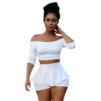 

Women's Sexy 2 Piece Set Half Sleeve Slash Neck Short Top and Shorts Solid Color Ruched Cotton Active Tracksuit White