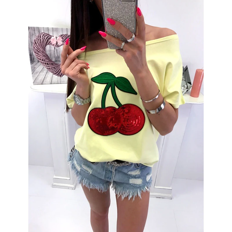 

Summer Sexy Off Shoulder Top T-shirt Women T Shirt Sequin Cherry Applique T-shirts Tops Plus Size 5XL Tee Shirt Femme WS9079M