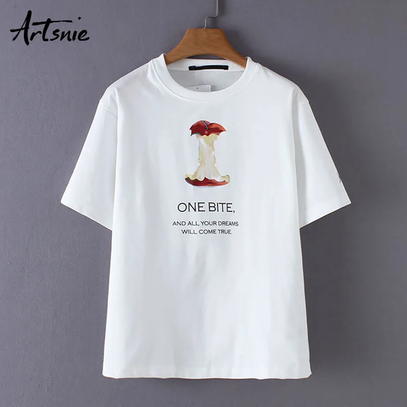 

Artsnie cartoon letter print women t shirt summer 2019 o neck short sleeve tops female streetwear casual knitted tees t-shirts